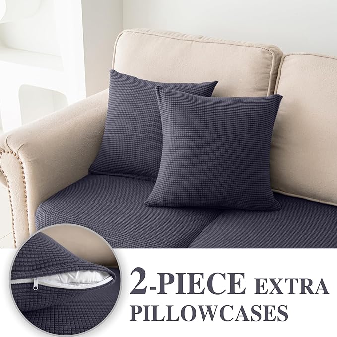 Couch Cushion Covers for Sectional Sofa L Shape Washable Separate Seat Chaise Couch Cover Stretch Sofa Slipcovers with 2 Pcs Pillowcases(2 Seater + 1 Chaise, Dark Grey)