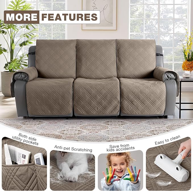 TAOCOCO 100% Waterproof Recliner Sofa Covers, Non Slip Split Couch Covers for Reclining Couches with Elastic Strap, Washable Reclining Sofa Cover Furniture Protector (3 Seater, Gray Taupe)