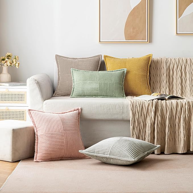 MIULEE Decorative Throw Pillow Covers for Couch Bed Livingroom 16x16 Inch Set of 2 Light Brown Boho Accent Throw Pllows Broadside Striped Patchwork Soft Corduroy Pillowcases