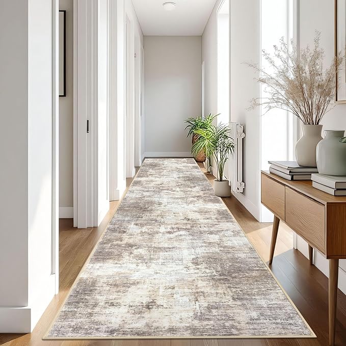 IOHOUZE Abstract Runner Rug 3x16 Ft Long Washable Runners for Hallways, Non Slip Kitchen Runner Printed Faux Wool Entryway Runner Indoor, Modern Abstract Floor Carpet for Hall Stair, Beige Brown