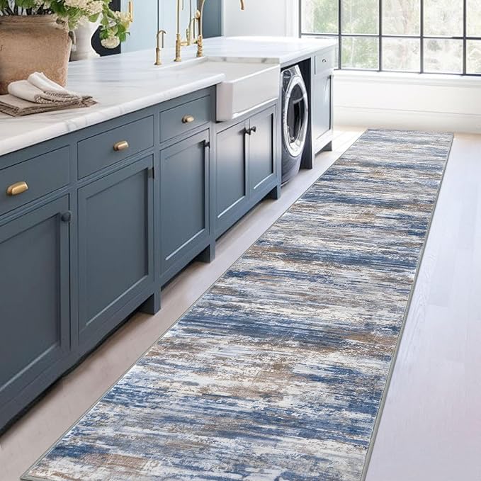 KOZYFLY Modern Abstract Washable Rug Runner 2.6x14 Hallway Rug Runner Non-Slip Soft Kitchen Runner Rugs, Blue Rust Striped Carpet for Entryway Bathroom Laundry Room Foyer