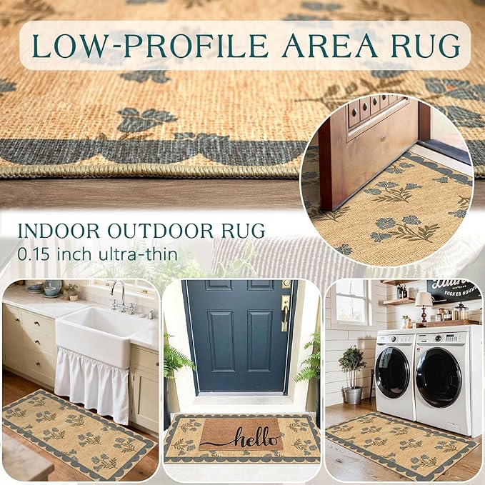 Front Door Mat Indoor Entrance - 2x4.3 Ft Blue Floral Washable Layered Doormat Outdoor Entrance Porch Rug Non-Slip Neutral Country Jute-Look Runner Rug for Kitchen Laundry Room Porch Decor