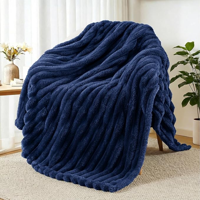 Exclusivo Mezcla Fleece Throw Blanket for Couch, Super Soft Striped Jacquard Bed Blanket, Lightweight Fuzzy Cozy for All Seasons, 50x60 Inches, Navy Blue