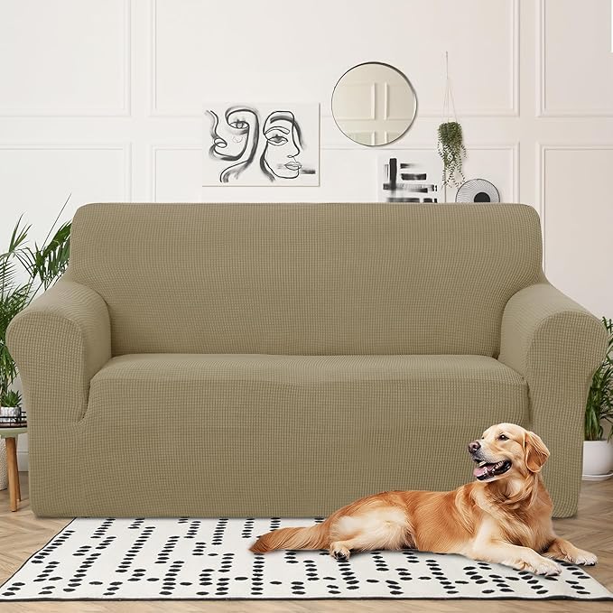 U-NICE HOME Oversized Stretch Loveseat Couch Cover Sofa Covers Washable Sofa Slipcover Furniture Protector for 2 Cushion Couch Sofa Pet Friendly, Sand