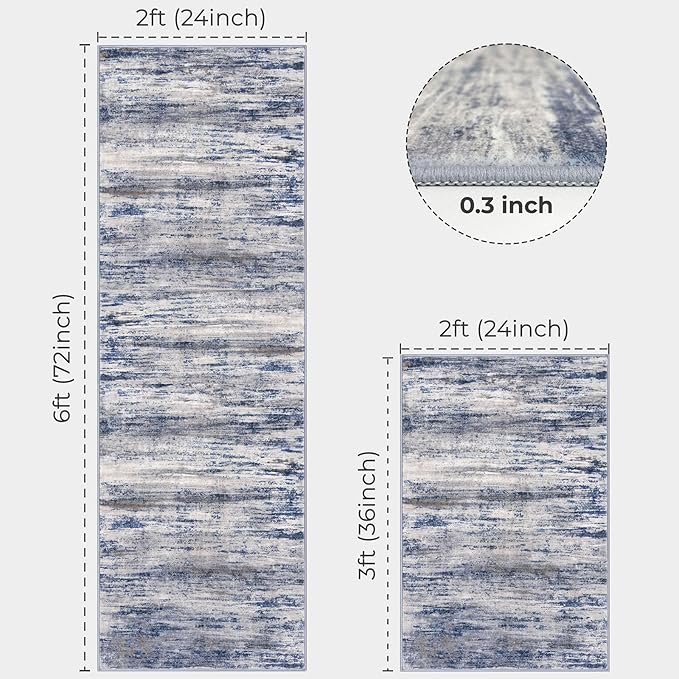 KOZYFLY Modern Abstract Area Rugs 2PCS 2x3 and 2x6 Blue-Grey Machine Washable Runner Rug Non-Slip Living Room Rug, Faux Wool Soft Low Pile Office Carpet for Hallway Entryway Bathroom Bedroom