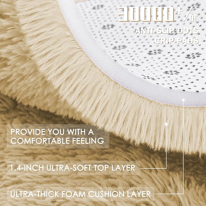 OLANLY Cream Round Rugs for Bedroom - Machine Washable, 6 ft Circle Area Rugs for Living Room, Soft and Fluffy Shaggy Carpet for Teen Girl and Boys, Nursery Rooms, Dorms, Home Decor Aesthetic