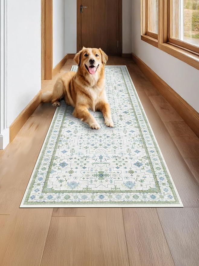 Hazo Haus Oushak Wide Hallway Runner Rug 2'6"x8' - Vintage Turkish Floral, Washable Low Pile Non Slip Extra Long Runners for Kitchen, Hall Way - Cream Blue and Green