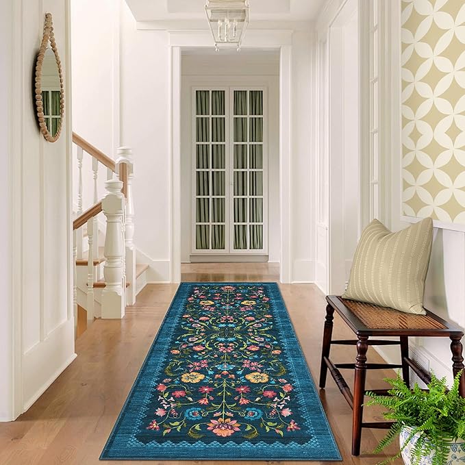 GarveeHome Floral Rug 2.5x10 Runners for Hallways, Boho Kitchen Runner Rugs Non Slip Bath Runners, Vintage Washable Runner Rug for Bedroom, Soft Long Rugs for Entryway Bathroom Laundry Dorm, Blue