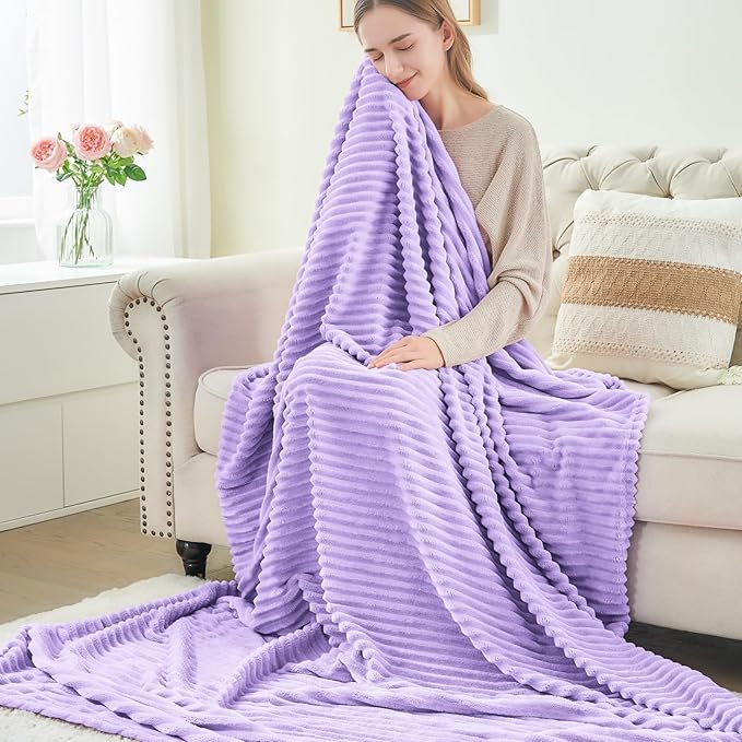 BEDELITE Fleece Throw Blanket for Couch – 3D Ribbed Jacquard Soft and Warm Decorative Fuzzy Blanket – Cozy, Fluffy, Plush Lightweight Pastel Lilac Throw Blankets for Bed, Sofa, 50x60 inches