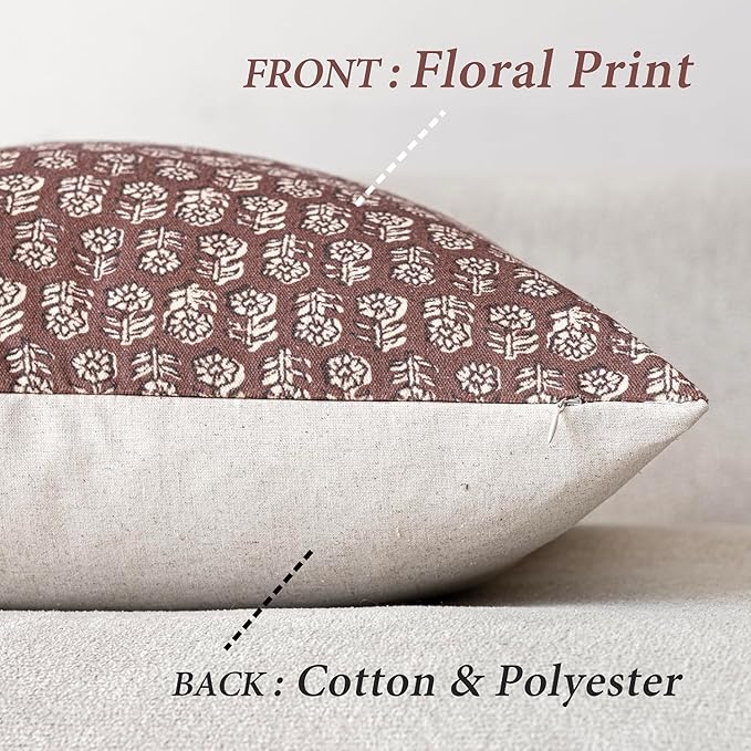 Foindtower Set of 2 Decorative Vintage Floral Print Throw Pillow Covers Neutral Modern Farmhouse Cushion Covers Boho Home Decor for Sofa Chair Couch Bedroom Living Room,18×18 Inch,Wine Red