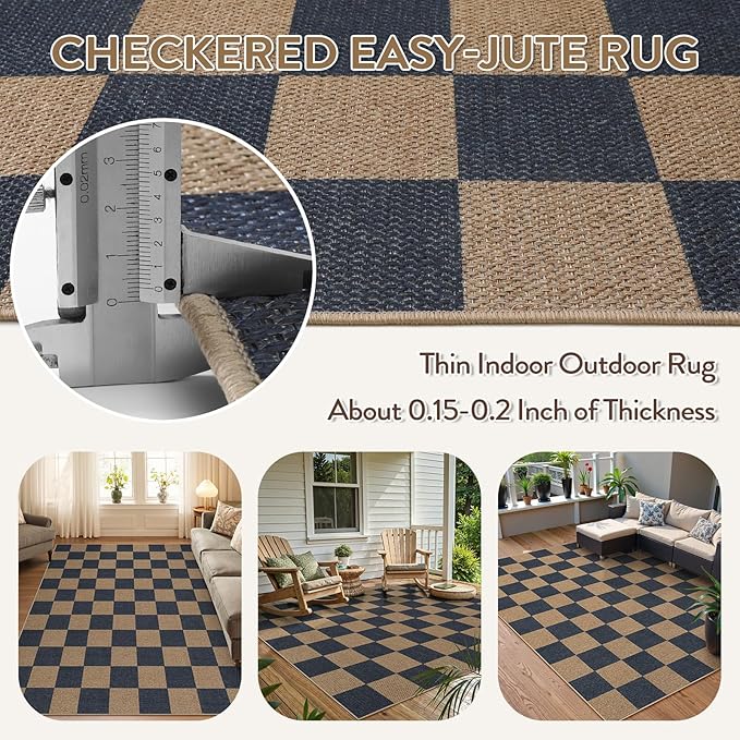 Lahome Colette Checkered Easy Jute Living Room Rugs, 5x7 Dining Room Office Rug Farmhouse Outdoor Patio Carpet, Checkerboard Washable Non Slip Indoor Outdoor Blue Carpet for Backyard Entry Deck
