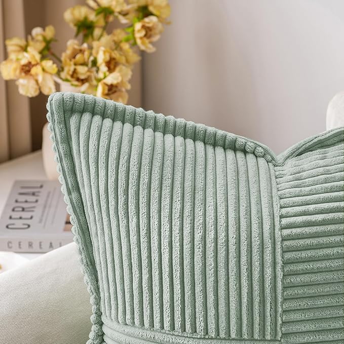 MIULEE Spring Decorative Throw Pillow Covers for Couch Bed Livingroom 16x16 Inch Set of 2 Greyish Green Boho Accent Throw Pllows Broadside Striped Patchwork Soft Corduroy Summer Pillowcases