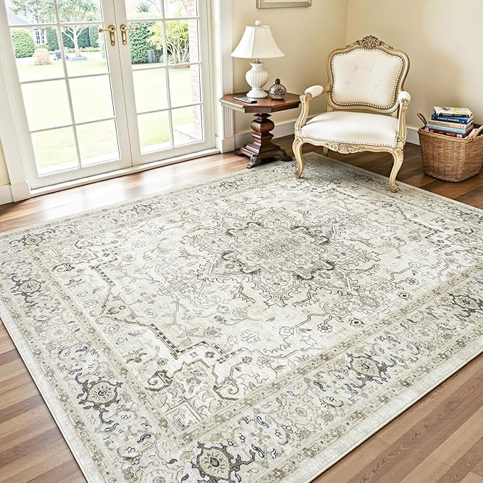 Lofus 8x10 Area Rugs for Living Room, Washable Area Rug, Rugs for Bedroom, Kitchen, Vintage Boho Carpet, Soft Non-Slip, Low Pile Large Area Rug for Office Dining Room, Beige and Brown