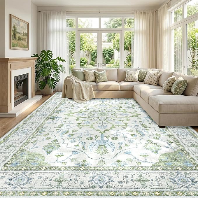 Area Rugs 9'x12' Washable Non-Slip, Floral Vintage Distress Print Pattern Medallion Carpet for Living Room Bedroom Dining Room, Green White Blue