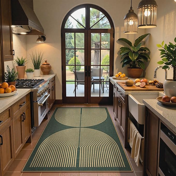 Lahome Enfys Modern Rainbow Easy Jute Entry Rug, 3x5 Washable Outdoor Patio Porch Rug, Farmhouse Non Slip Non Shedding Dark Green Carpet for Dorm Living Room Deck Front Door Kitchen