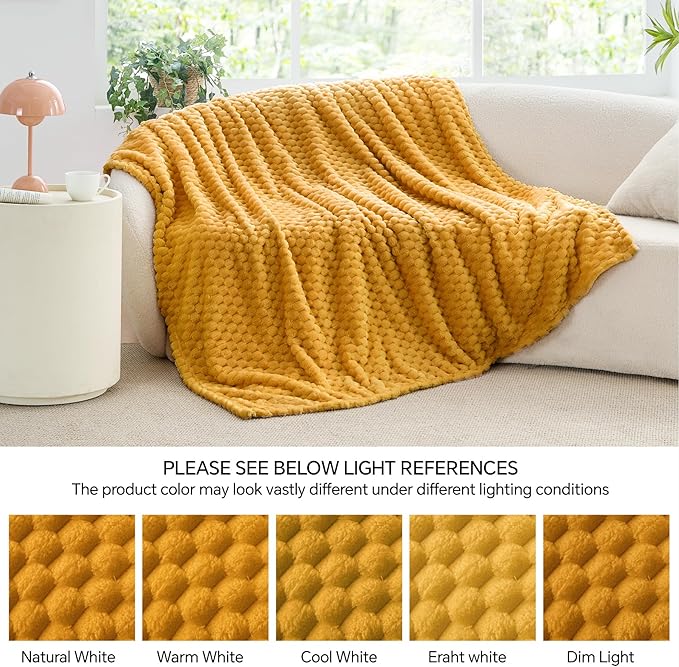 BEDELITE Fleece Blanket - 3D Jacquard Decorative Mustard Yellow Throw Blankets for Couch & Bed, Soft and Cozy Warm Plush Fluffy Blanket All Seasons Suitable, 50x60Inches