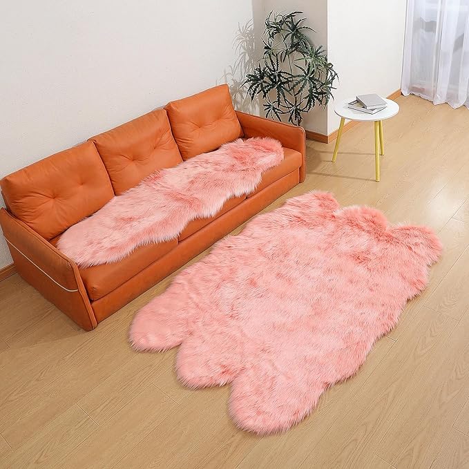 linmopm Faux Fur Rug Sheepskin Shag Fluffy Fuzzy Pink 2x6 ft Runner Rugs for Bedroom Bedside Bed Floor Living Room Plush High-Density Cushion Carpet Super Sofa Cover