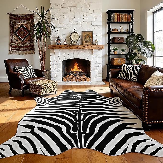 AROGAN Premium Faux Zebra Hide Rug 5.2 x 6.2 Feet, Sturdy and Large Size Bear Print Rugs, Suitable for Bedroom Living Room Western Decor, Faux Fur Animal Carpet, Black and White