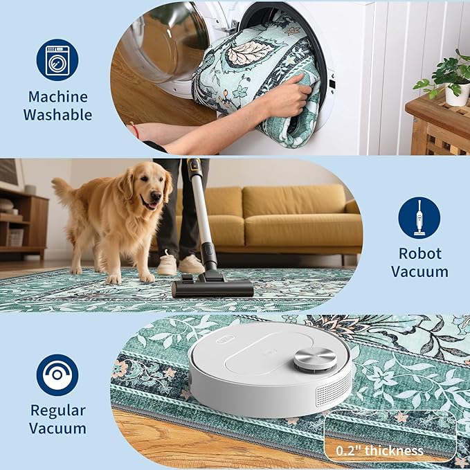 GarveeHome Teal Washable 5x7 Area Rugs, Botanical Grove Vintage Cottage core Non-Slip Rug for Bedroom Living Room Nursery Kitchen Low-Pile Retro Carpet