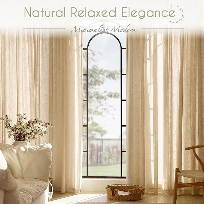 Tan Linen Curtains 102 inches Long for Living Room Back Tab Rustic Farmhouse Semi Sheer Light Filtering Window Curtain Dining Room Soft Thick Flax Linen Textured Drapes Kahki 52x102