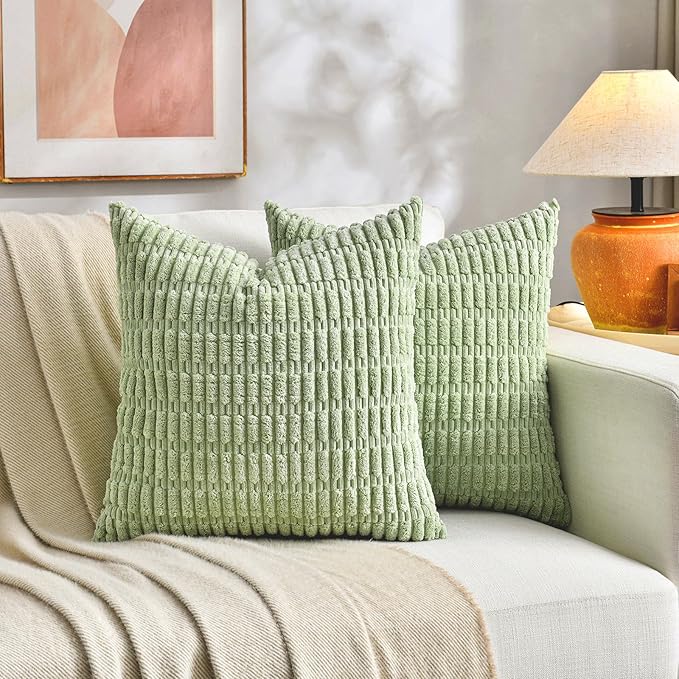 Fancy Homi Set of 4 Summer Boho Decorative Throw Pillow Covers 18x18 Inch for Couch Bed Sofa, Sage Green Yellow Room Decor, Soft Fuzzy Fluffy Cozy Corduroy Textured Cushion Case 45x45cm