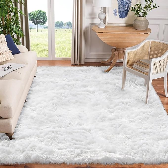 Goolela White Area Rug 10x12 Fluffy Fuzzy Sheepskin Carpet for Living Room Bedroom Furry Faux Fur Shaggy Washable Rectangle