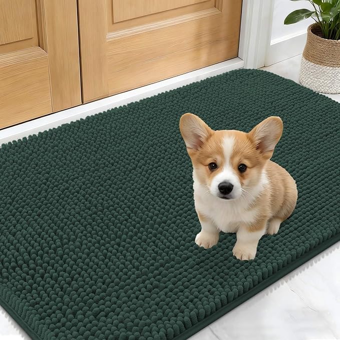 OLANLY Dog Door Mat for Muddy Paws 30x17, Absorbs Moisture and Dirt, Absorbent Non-Slip Washable Doormat, Quick Dry Chenille Mud Mat, Entry Indoor Entryway Carpet for Inside Floor, Blackish Green