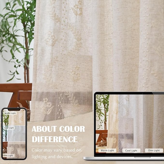 jinchan Belrose Linen Curtains for Bedroom Floral Curtains 72 Inch Length Linen Blend Ivory Embroidered Drapes Farmhouse Flower Patterned Drapes for Living Room Window Treatments Set 2 Panels