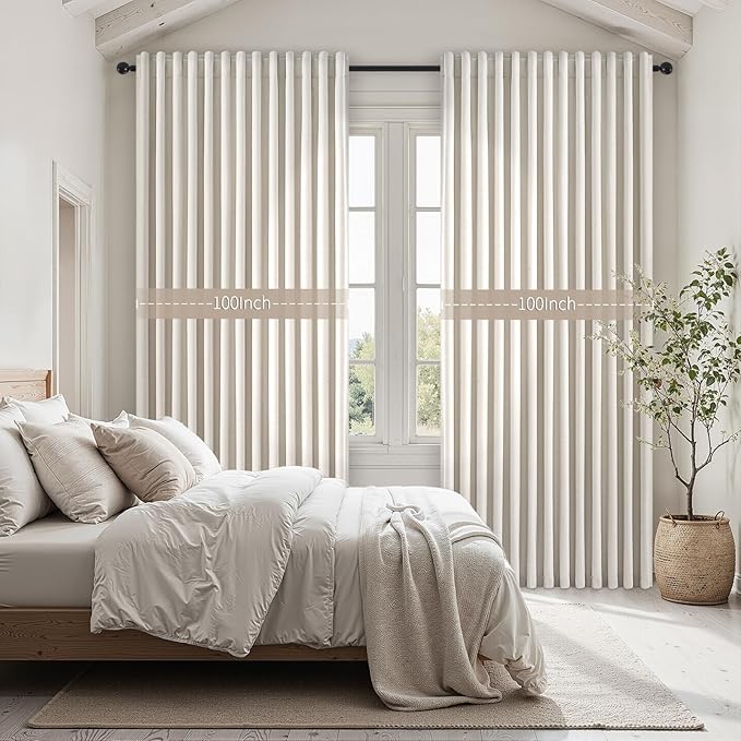 Extra Wide 100 Inch Length Blackout Curtains & Drapes 84 Inches Long 2 Panels Set for Sliding Glass Doors Modern Pleated Linen Blend Heavy Floor to Ceiling Large Window Drapes(100"Wx84"Lx 2 Birch)
