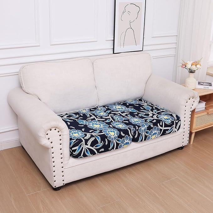 hyha Printed Couch Cushion Covers, Floral Sofa Covers Washable for 2 Cushion Couch, Stretch Pattern Outdoor Cushion Covers for Patio Furniture with Elastic Bottom(2 Packs, Bluebell)