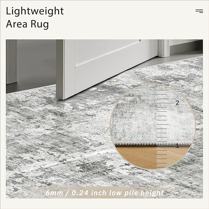 6x9 Abstract Area Rugs for Living Room 6 x 9 Washable Non Slip Low Pile Gray Rugs for Bedroom Dining Room Foldable Thin Gray White