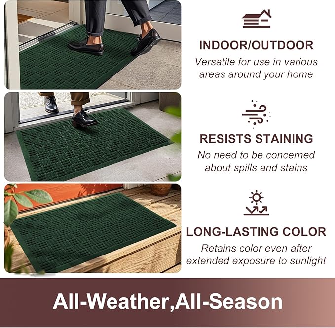 Mibao Front Door Mat Indoor Outdoor Entrance, Dirt Trapping Welcome Mats, Non-Slip Doormats, Low Profile Front Entryway, 36" x 24", Green