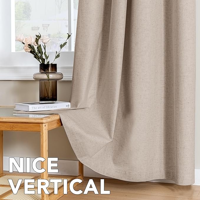 H.VERSAILTEX Linen Curtains 100% Blackout Curtains for Bedroom 102 inch Long Full Light Blocking Nature Linen Blended Window Curtains for Living Room Nickel Grommet (2 Panels, Heathered Sand)