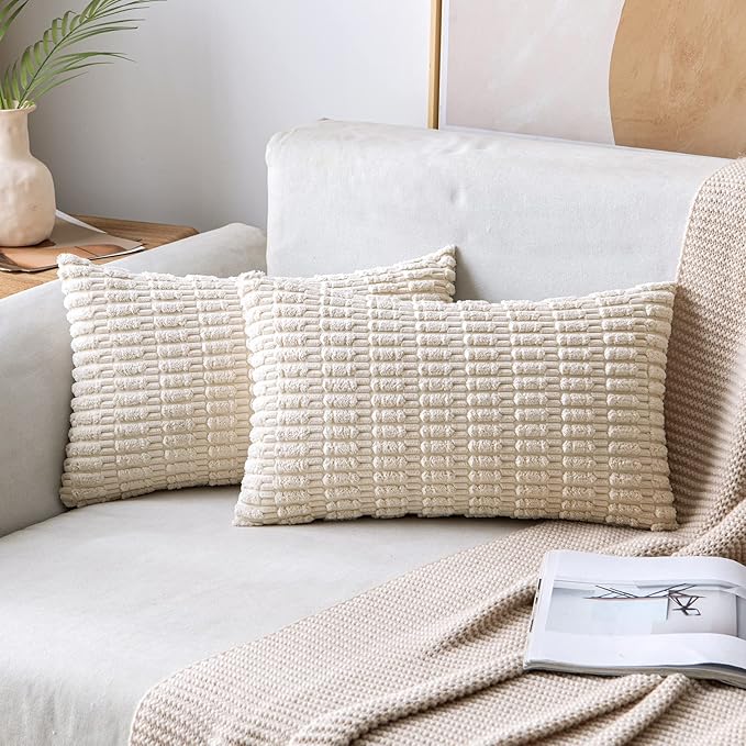 MIULEE Pack of 2 Corduroy Decorative Lumbar Throw Pillow Covers 22x14 Inch Soft Boho Striped Pillow Covers Modern Farmhouse Home Decor for Sofa Living Room Couch Bed Cream White