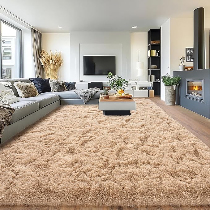 Pionblank 9x12 Area Rug, Large Area Rug for Living Room, Shag Rug for Bedroom, Soft Furry Non Slip Carpet for Kids Room Nursery Teens Dorm Home Decor, Camel