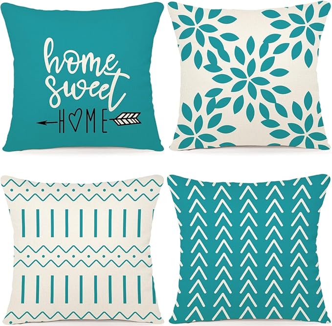 YCOLL Pillow Covers 20x20 Set of 4, Modern Sofa Throw Pillow Cover, Decorative Outdoor Linen Fabric Pillow Case for Couch Bed Car, Aqua Blue