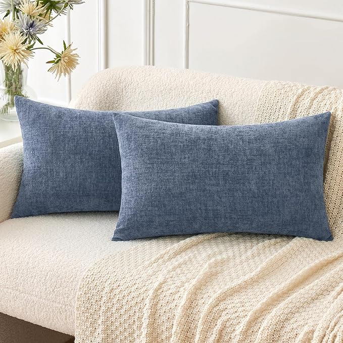 MIULEE Pack of 2 Couch Throw Pillow Covers 12x20 Inch Soft Dark Grey Blue Chenille Lumbar Pillow Covers for Sofa Living Room Solid Dyed Cases