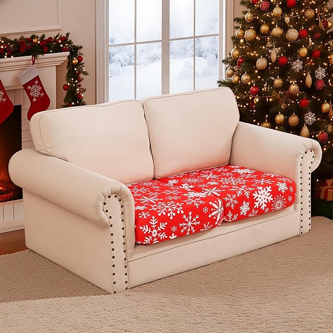 Smiry Printed Couch Cushion Covers, Stretch Soft Couch Covers for Sofa, Washable Non-Slip Sofa Slipcover Furniture Protector for Indoor and Outdoor (2 Pack, Red with White)
