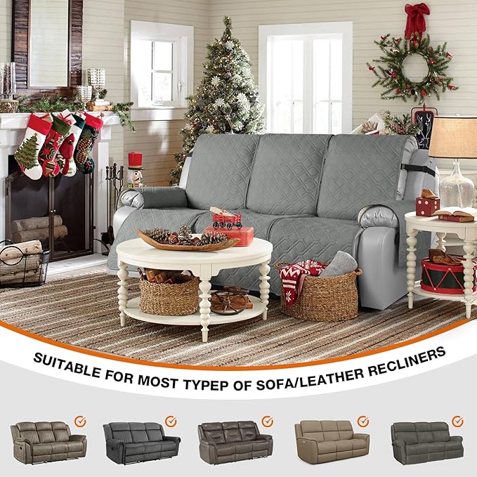 VANSOFY Waterproof Recliner Couch Covers, Sofa Covers 1-Piece Washable Reclining Sofa Cover Non-Slip Furniture Protector with Elastic Straps Pocket for Dogs, Pets(Gray,3 Seater)