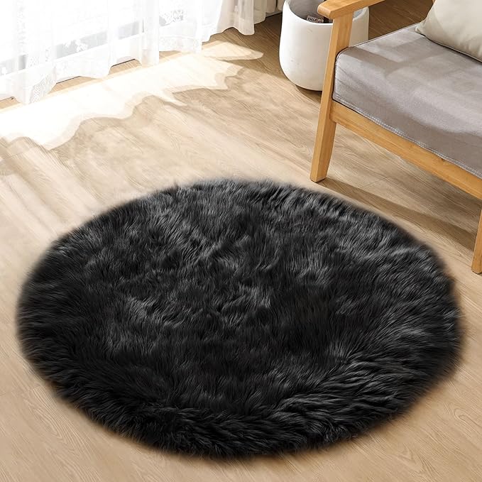 ORINOVA Black Fuzzy Washable Shaggy Area Rugs for Bedroom Small Circle Faux Sheepskin Shag Fur Round Rug 3ft Nursery Rug