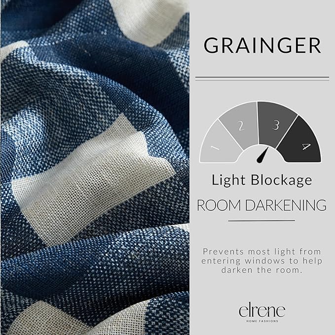 Elrene Home Fashions Farmhouse Living Grainger Buffalo-Check Blackout Window Curtain, Living Room and Bedroom Drape with Rod Pocket Tabs, 52" x 95", Indigo, 1 Panel