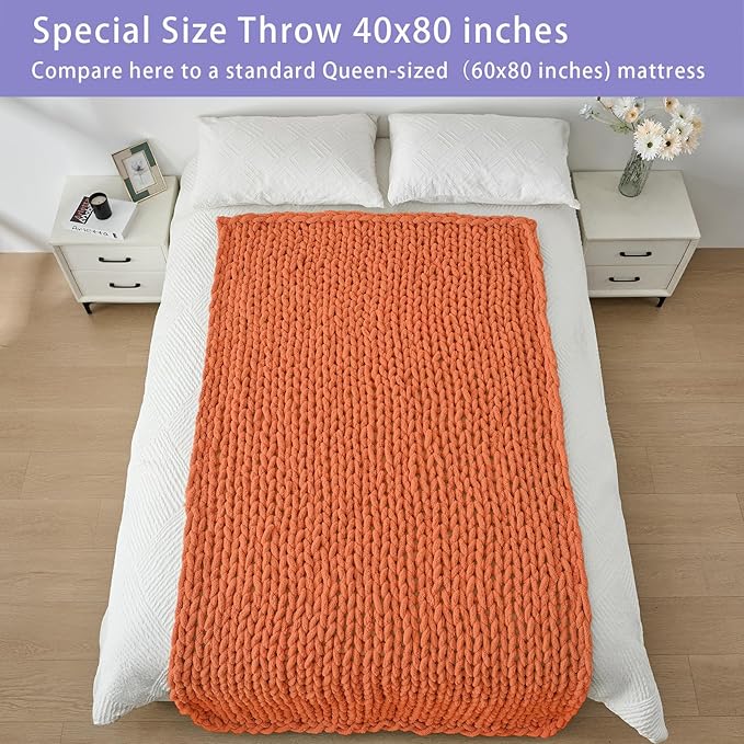 Bigacogo Chunky Knit Throw Blanket for Couch, 40x80 inches, 100% Hand Knitted with Thick Jumbo Chenille Yarn, Cozy Soft Large Rope Knot Cable Crochet Blankets for Sofa Bed Living Room, Terracotta