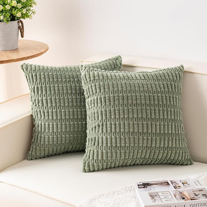Pack of 2 Corduroy Decorative Throw Pillow Covers 20x20 InchSoft Boho Striped Pillow Covers Modern Farmhouse Home Decor for Sofa Living Room Couch Bed（Sage Green）