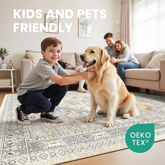 zesthome 4x6 Rug - Stain Resistant Washable Rug, Anti Slip Backing Rugs for Living Room, Foldable Vintage Small Area Rugs ((Beige,4'x6')