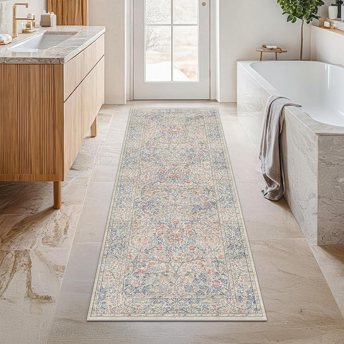 Hazo Haus Non Slip Beige Blue Hallway Runner Rug - Long Runner Rugs 2x7 Washable Kitchen Floor Mat, Laundry Room Rug, Bathroom Runner - Vintage Design Décor