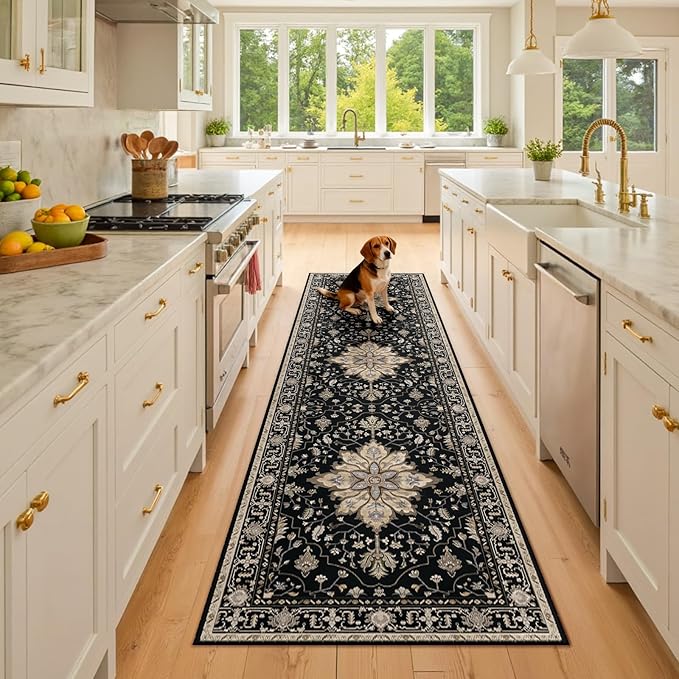 Area Rugs 2'x8' Runner Rug Non Slip Washable for Kitchen Hallway Bedroom Beside Laundry Room Bathroom Rug, Floor Carpet, Black Brown Neutral Dark Tan