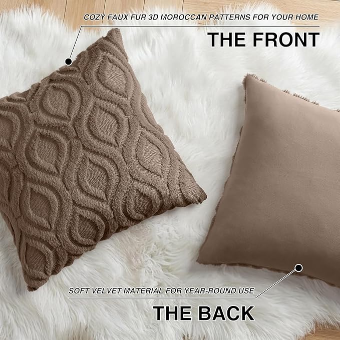 decorUhome Throw Pillow Covers 24x24 Inch Set of 2, Soft Plush Faux Wool Brown Solid Couch Pillow Covers, Accent Euro Sham Farmhouse Neutral Square Pillow Cases for Sofa Bed Living Room