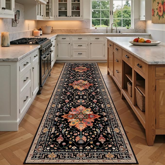 Area Rugs 3'x9' Runner Rug Non Slip Washable for Kitchen Hallway Bedroom Beside Laundry Room Bathroom Rug, Floor Carpet, Black Colorful Floral Dark Tan