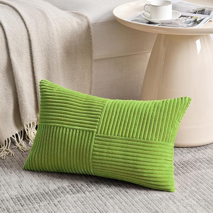 Fancy Homi Set of 2 Lime Green Lumbar Decorative Throw Pillow Covers 14x24 Inch for Couch Bed, Modern Farmhouse Boho Home Decor, Soft Striped Corduroy Rectangle Accent Cushion Case 35x60 cm