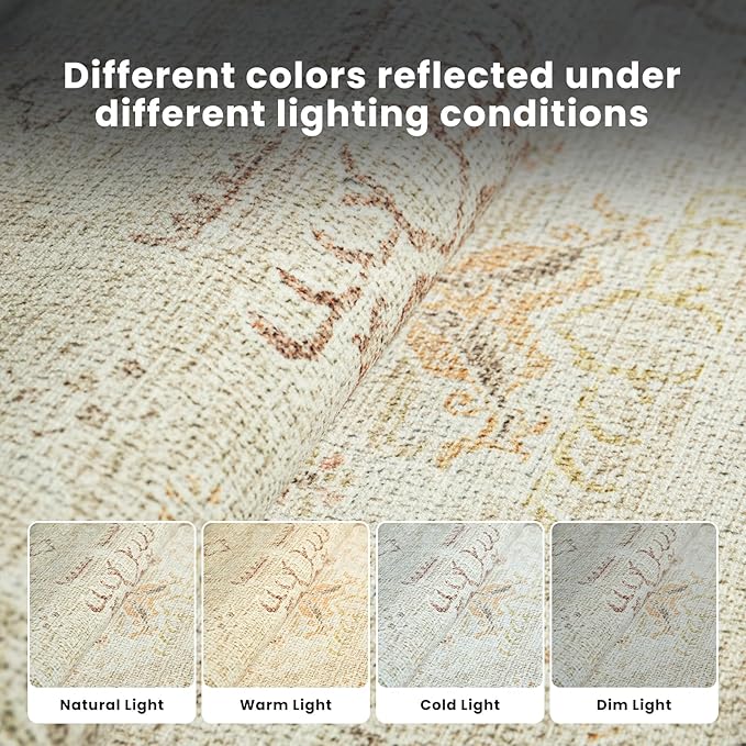 Washable Rugs 8x10 Area Rugs for Living Room-Light Brown Rugs for Bedroom,Dining Room, Large Soft Low Pile Vintage Carpet with Non Slip Rubber Backing,Neutral Accent Rug for Nursery Home Office
